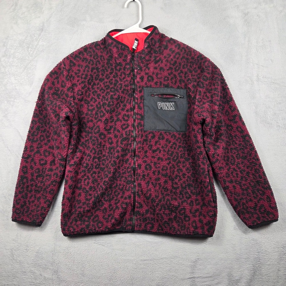 PINK Fleece Jacket Women Small Burgundy Excellent Leopard Sherpa Full Zip Pocket